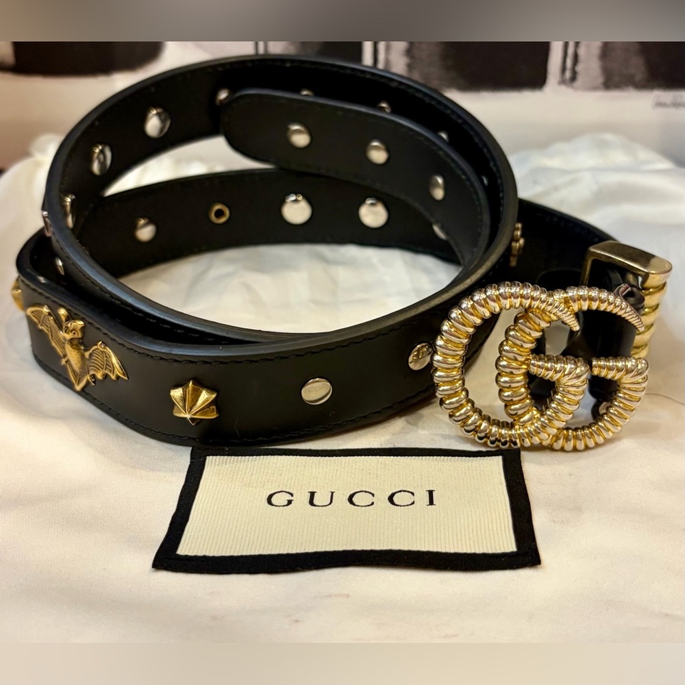 GUCCI Black Leather Double G Buckle Studded Belt Accents and Bat Detail🔥 EUC!! - Picture 5 of 16